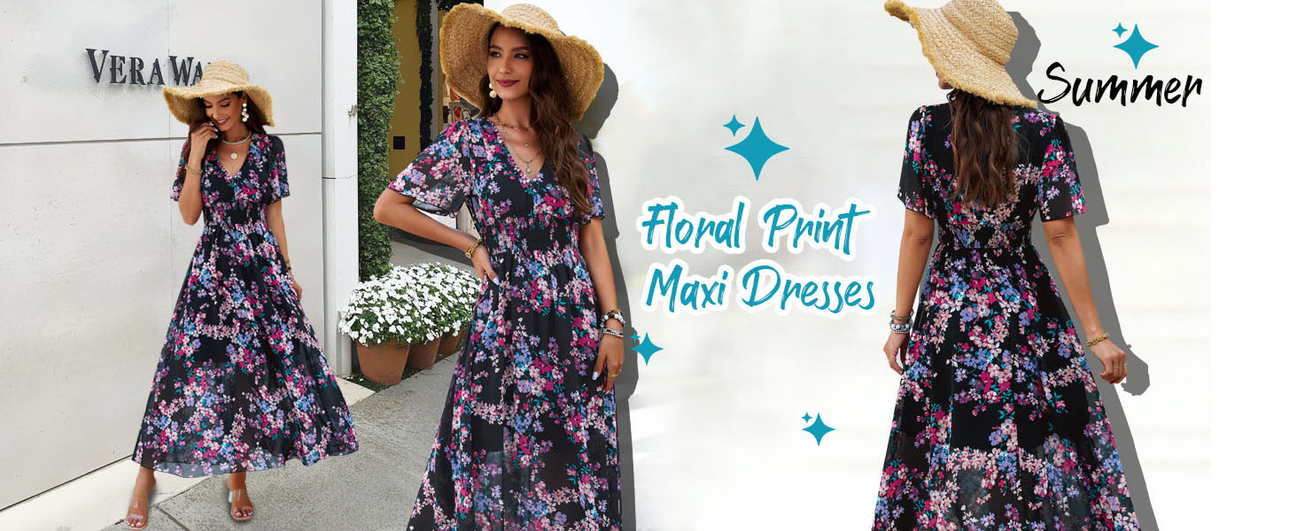 Women's Floral Maxi Dress Flowy V Neck Empire Waist Summer Wedding Guest  Party Casual Chiffon Dress Blue S at Amazon Women's Clothing store