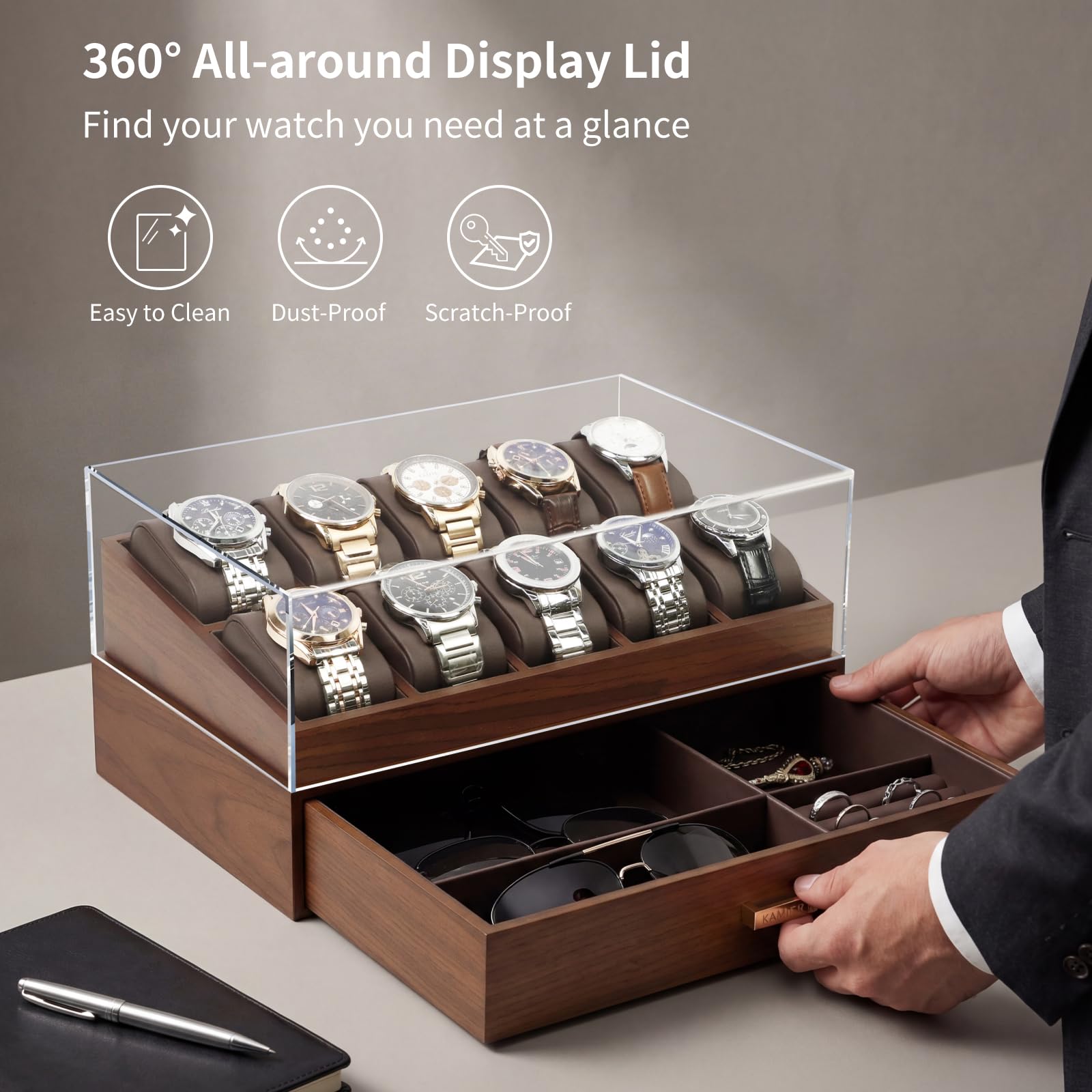KAMIER Uhrenbox 10 Uhren für Herren, Holz Uhren Box mit Schmuckkasten, 2 Stöckige Uhrenaufbewahrungsbox mit Schublade für Ringe, Sonnenbrillen, Elegantes Geschenk für Männer und Frauen– Walnuss