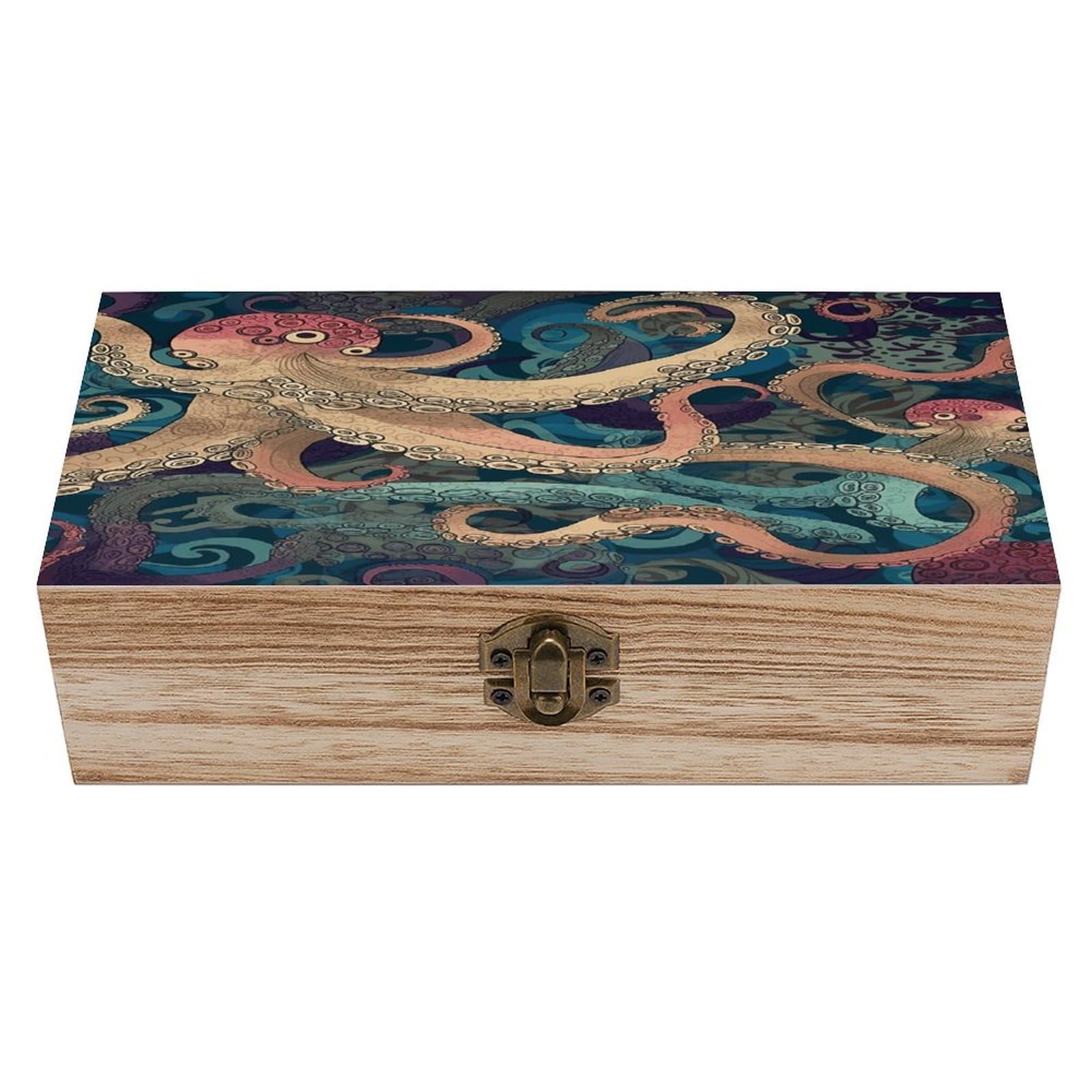 VstaDank Abstract Octopus Kraken Wooden Storage Box Wooden Keepsake Box with Hinged Lid Exquisite Solid Wood Decorative Jewelry Case Memory Box for Jewelry Photos Letters Crafts Trinkets