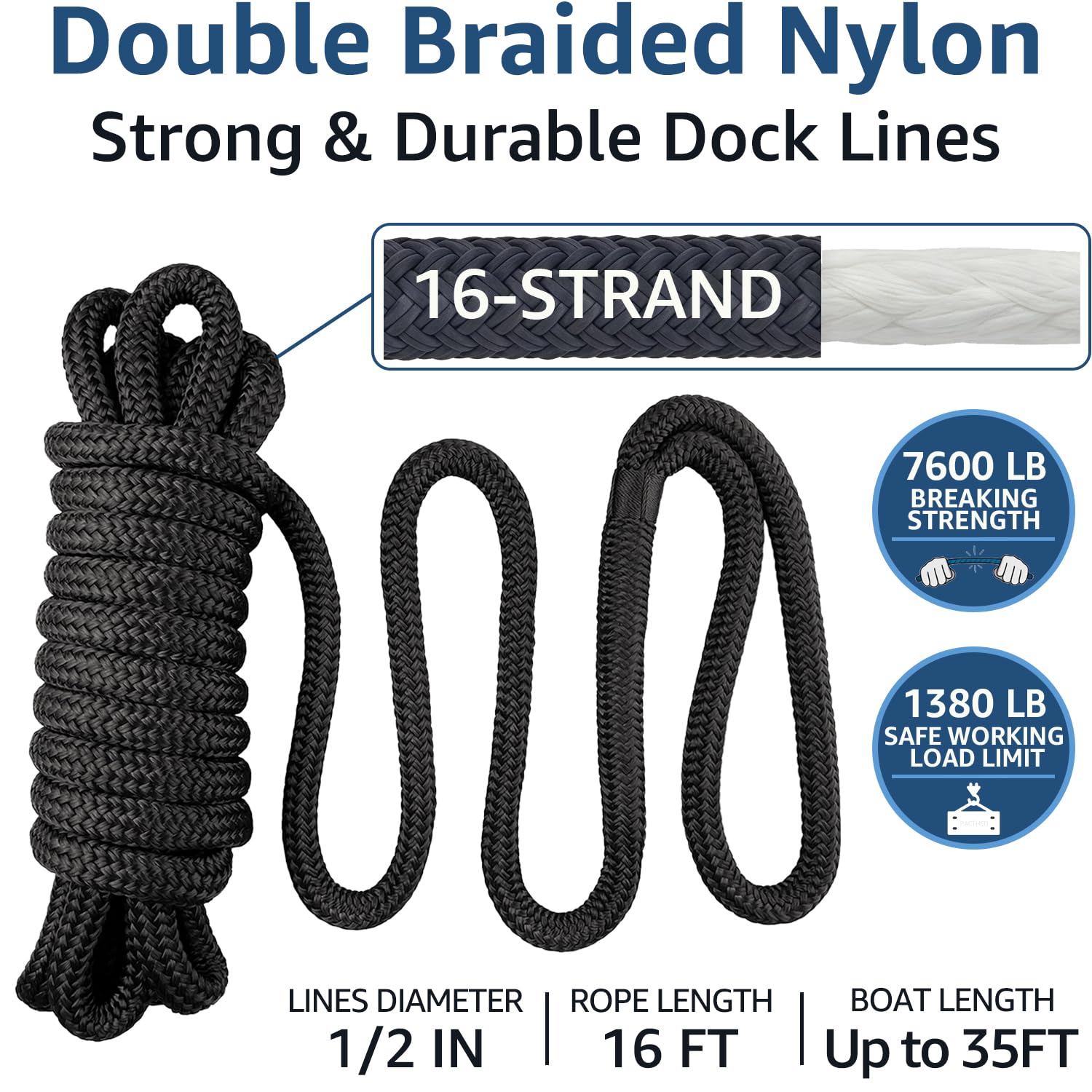 Boots-Dockleinen 1,27 cm x 4,9 m, doppelt geflochtene Nylon-Dockleinen für Boote und Pontons, Marine-Grade-Nylon-Dockleine mit einem 30,5 cm Öse, ultimatives Marine-Seil, Bootszubehör, Schwarz, 4
