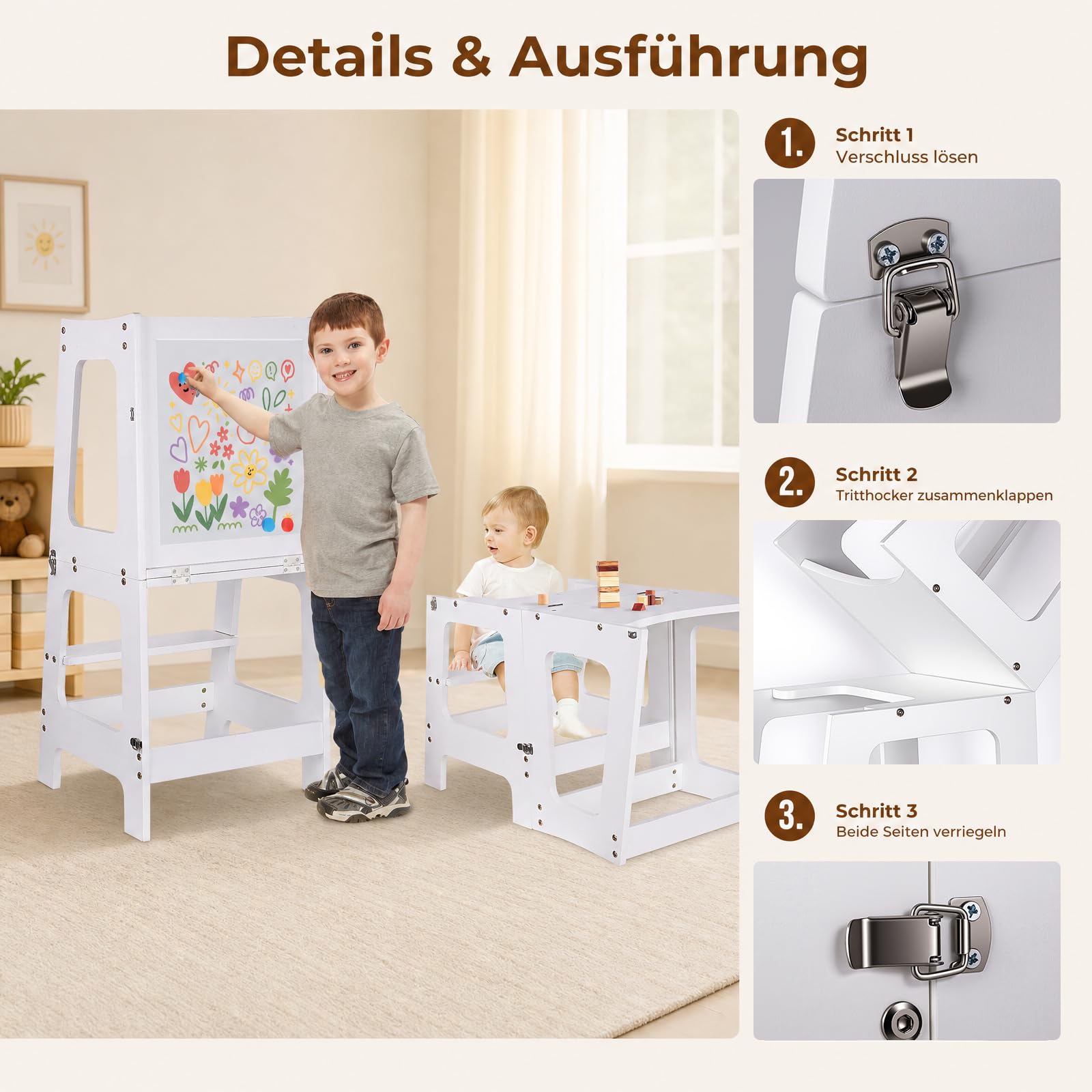 Lernturm ab 1 Jahr, Klappbarer Learning Tower mit Tafel & Stifte-Set | 3 in 1 Learning Tower für Kinder, 50kg Belastbar Trittschemel, Multifunktion Montessori Entdeckerturm für Küche & Bad