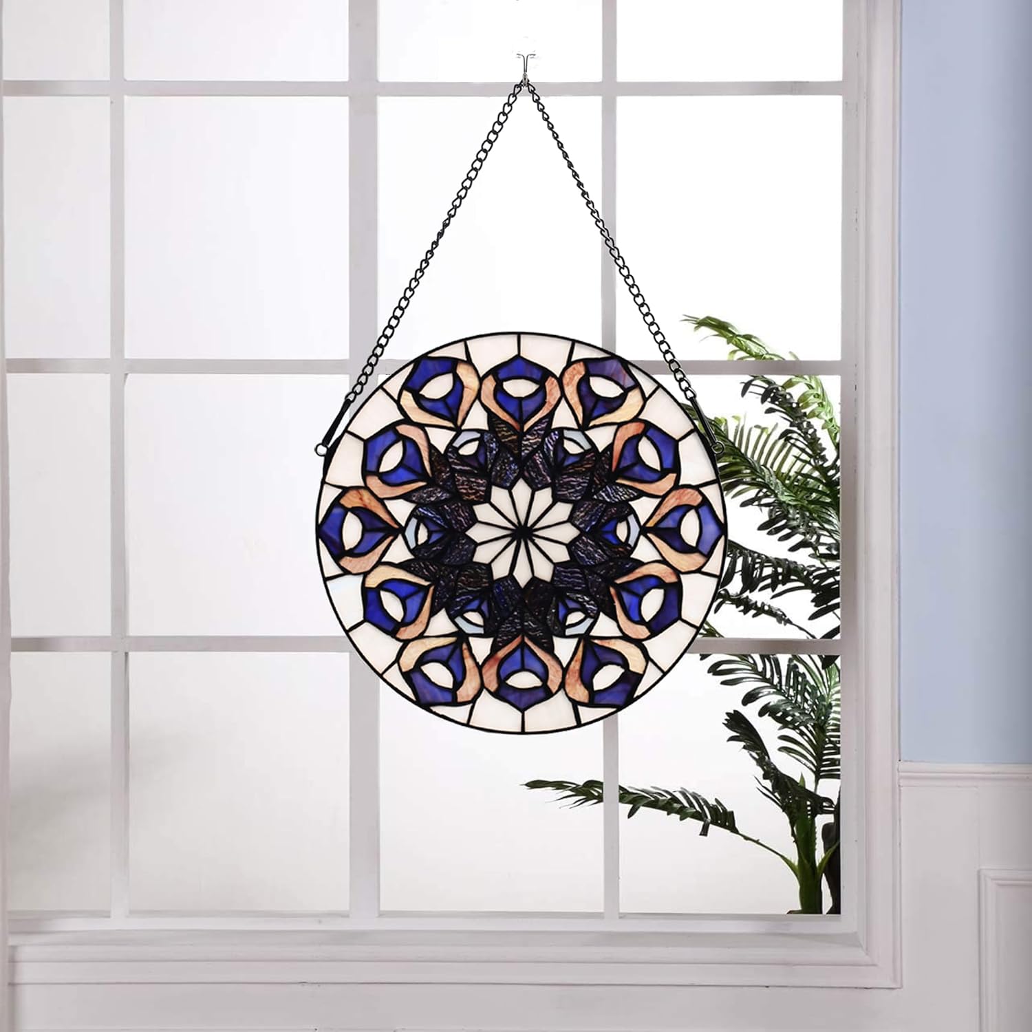 12" Roud Stained Glass Window Hanging Tiffany Plant Style Purple Flower Suncatchers Wall Decor Art Panel Include 20" Chain and Hooks The Perfect Housewarming Gift