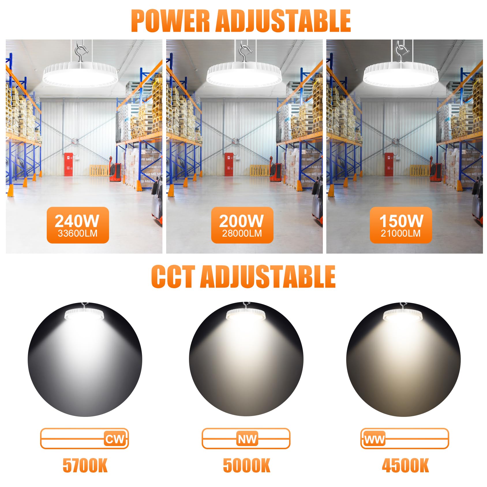 6 Pack LED High Bay Light 240W 200W 150W Adjustable UFO High Bay LED Lights 4500K 5000K 5700K — view 3