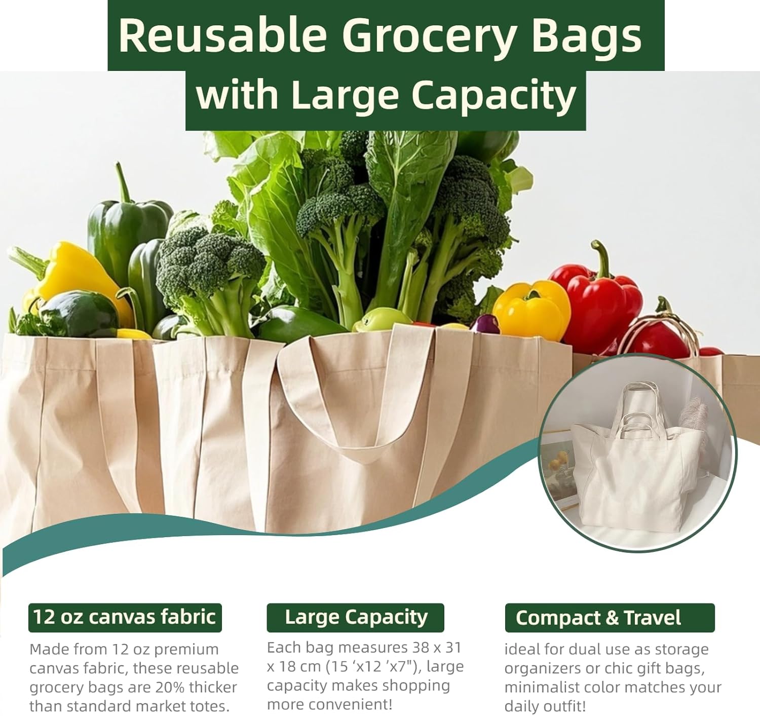 Canvas Grocery Bag 3 Pack, Reusable Grocery Bags with Long Shoulder Strap and Short Handle | Heavy Duty Canvas Grocery Bag | Foldable & Washable | Idea for Home & Shopping - Image 4