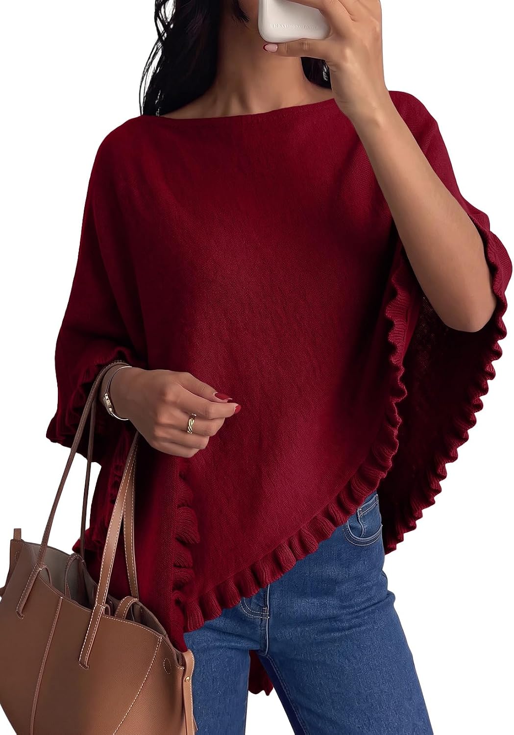 EVALESS Womens Lightweight Knit Poncho Sweater Elegant Ruffle Hem Fall Tops