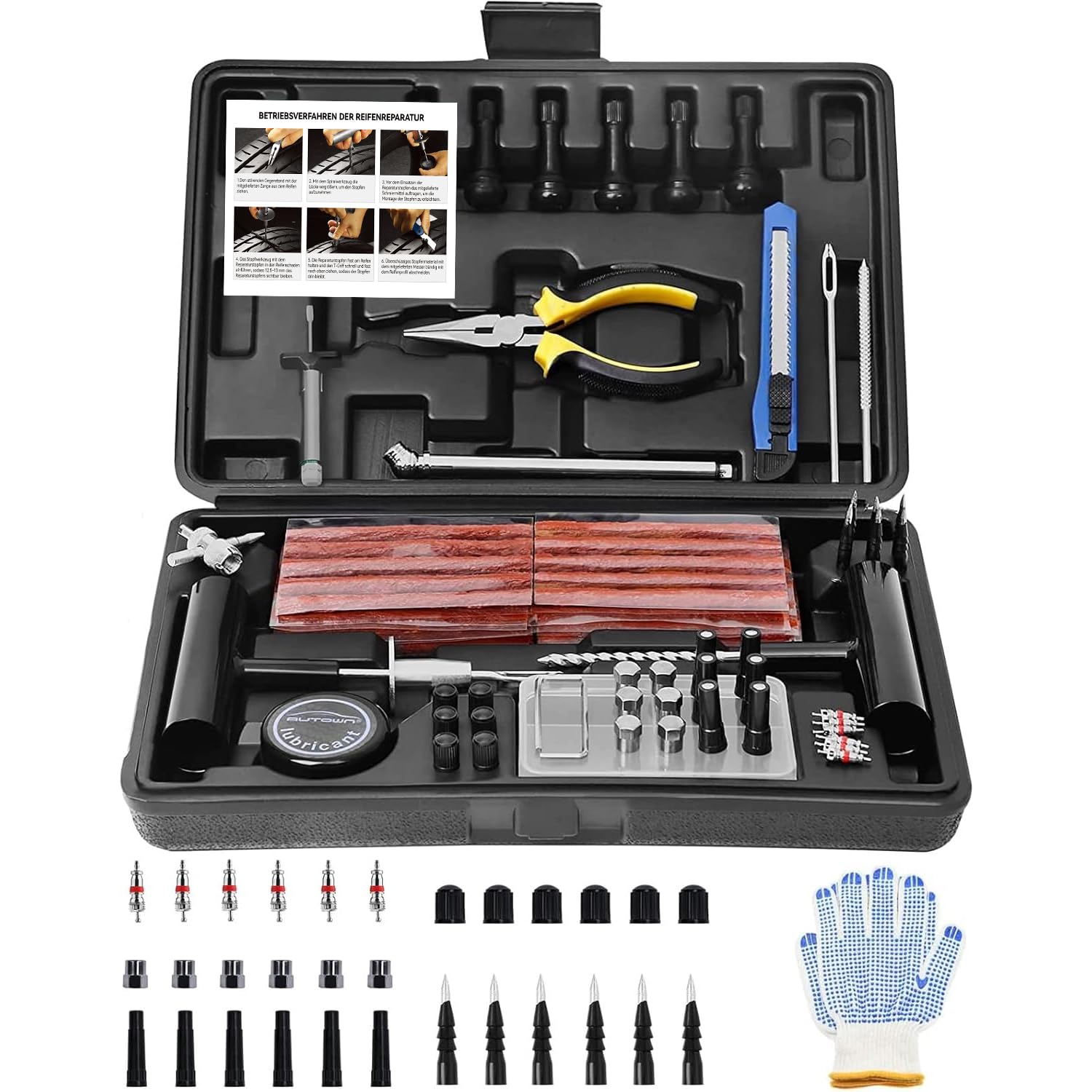 AUTOWN Reifenreparaturset, 102-teiliges Reifenreparaturset Auto für Autos, Autoreifen Reparaturset und zum Reparieren von Platten Reifen, Reifenreparaturstopfen