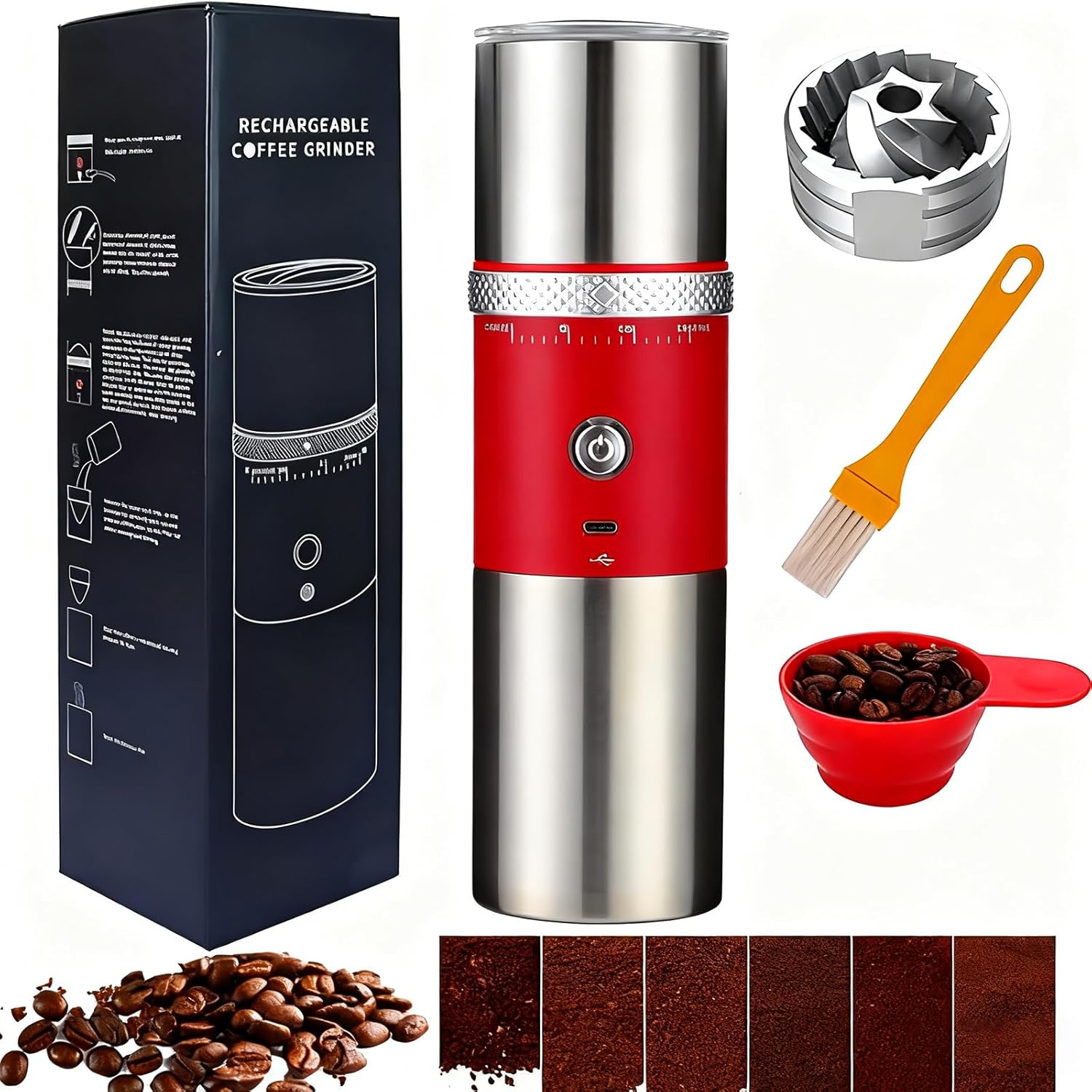 Electric Conical Burr Coffee Grinder,Travel Coffee Maker with grinder Stainless Steel,Portable Cordless Rechargeable Espresso Coffee Bean Grinder Machine with 15 Grind Settings Fine to Coarse（Red)