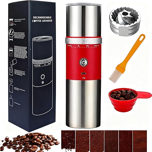 Miniatura 10 de Molinillo de café eléctrico para rebabas, portátil, recargable, de acero inoxidable, para granos con 15 ajustes de gind (Black9109)