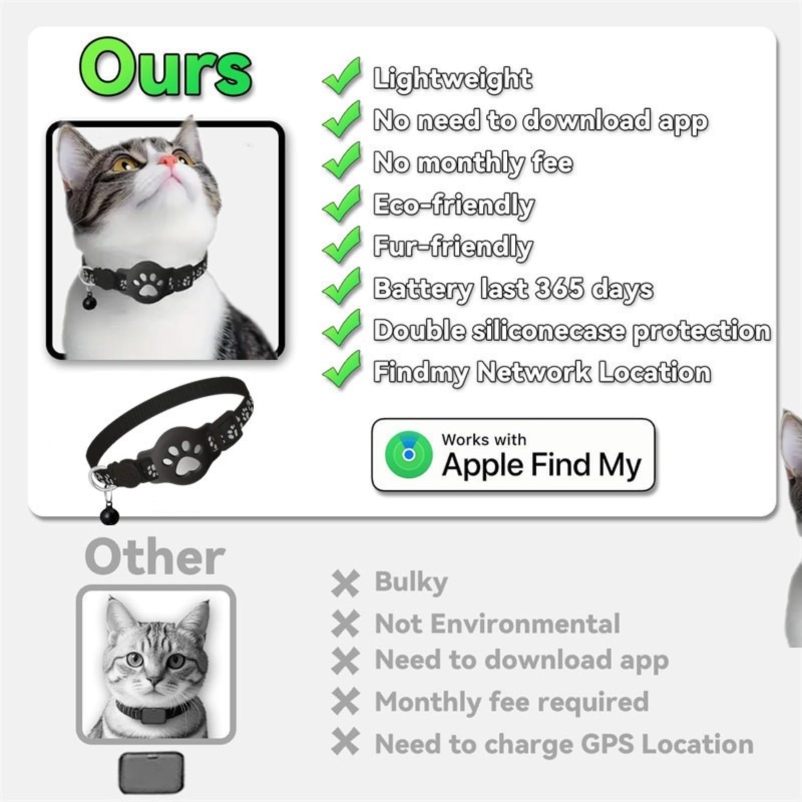 Collare GPS per gatti, GPS per gatti senza canone mensile, nessuna SIM richiesta (compatibile con Android e iOS), collare localizzatore compatibile con goo- gle Find My