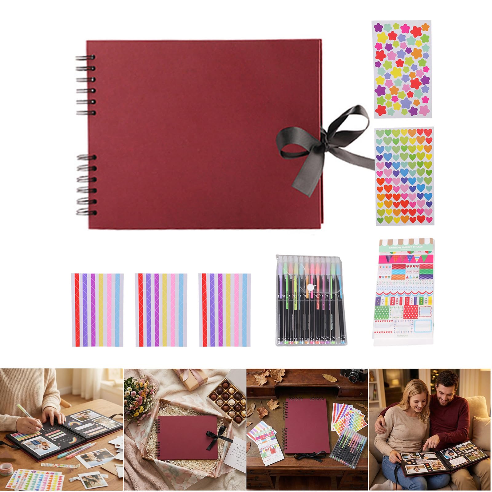 Scrapbook Fotoalbum, Erinnerungsbuch, Hardcover, 80 Seiten, Dickes Papier, Hochzeitsgästebuch mit Band und Aufkleber Zubehör, Papier Scrapbook Fotoalbum mit Band