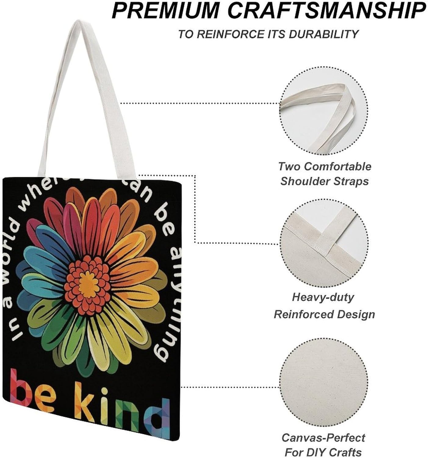 Be Kind Flower Canvas Tote Bag Grocery Shopping Bag image 5