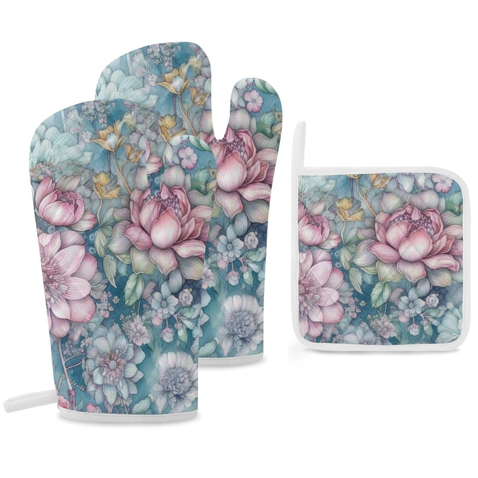 Gants de cuisine amusants résistants à la chaleur avec motif floral bleu