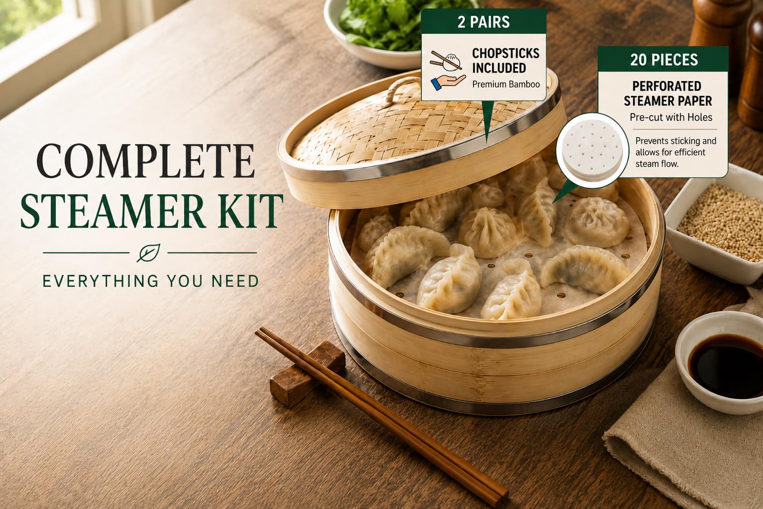 Vaporiera di bambù organico da 10 pollici (25,4 centimetri) di Harcas. 2 livelli ampi con coperchio. Ideale per dim sum, verdure, carne e pesce. Fatto a mano. Bacchette incluse