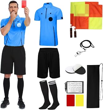 redgino Soccer Referee Kit Pro Soccer Referee Shirt Jersey,Ref Costume Shorts,Coach Whistle,Referee Socks, Linesman Flags and Cards Umpire Uniform Sport Accessory for Adult Teenager