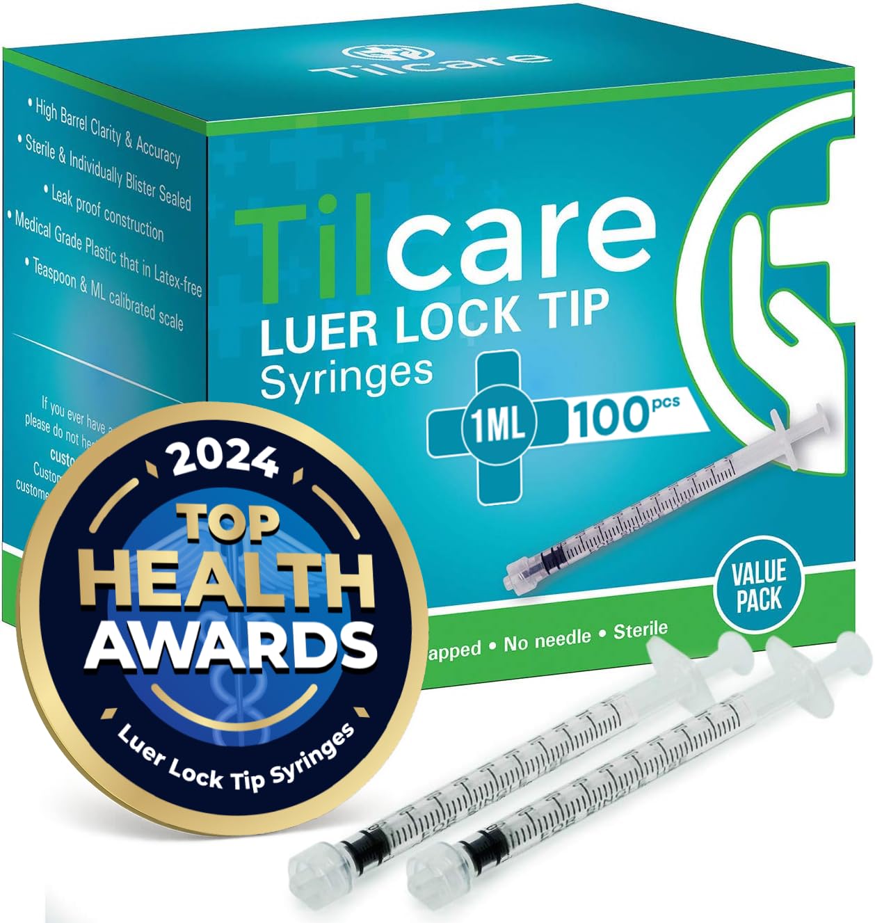 Tilcare 1ml Syringe Without Needle Luer Lock 100 Pack - Sterile Plastic Medicine Droppers for Children, Pets or Adults – Latex-Free Oral Medication Dispenser - Syringes for Glue and Epoxy