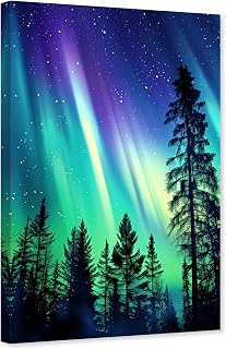 ARTZGX Northern Lights Wall Art Aurora Borealis Canvas Pictures Forest Trees Landscape Painting for Living Room Bedroom Decor Frame(Green 12.00" x 18.00")