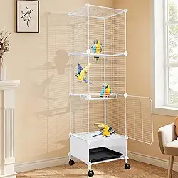 Gaiola para Calopsita, 132 * 37 * 37cm, Viveiro para Papagaio Grande, Gaiola Calopsita, Viveiro para Calopsita com Vara de Pouso, Rodízios Giratórios e Bandeja, Branco