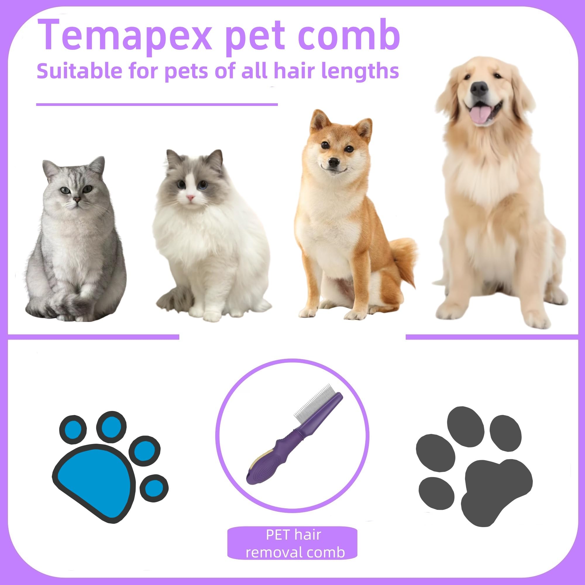 Haustierkamm für Hunde und Katzen, mit langen und kurzen Edelstahl-Metallzähnen für Haarausfall und Verfilzungen, rutschfester und antistatischer Gummigriff, sicherer und sanfter Fellpflegekamm