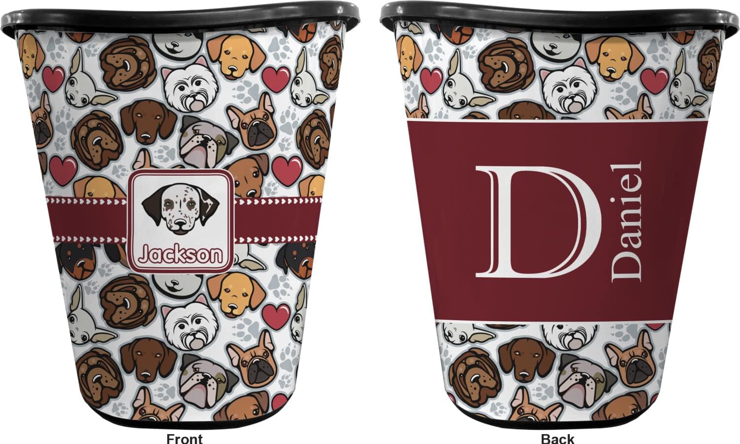 Personalized Dog Faces Waste Basket - Double Sided (Black)