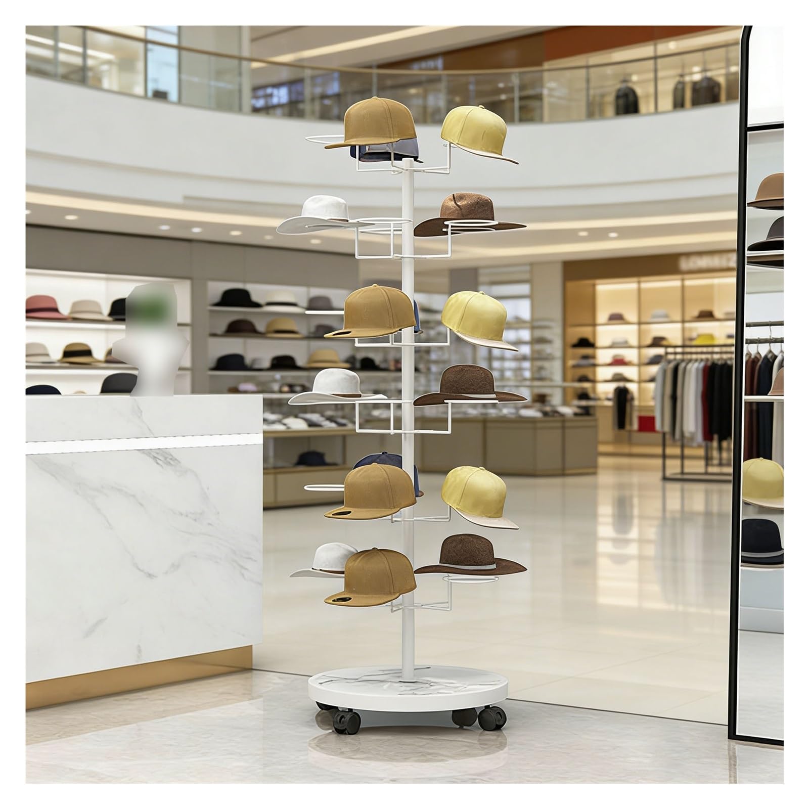 YNBSHGAA 6 Tier Large Hat Rack Stand with 30 Hooks, Standing Hat Tree Display for Retail Stores and Baseball Cap Organizer Storage,White
