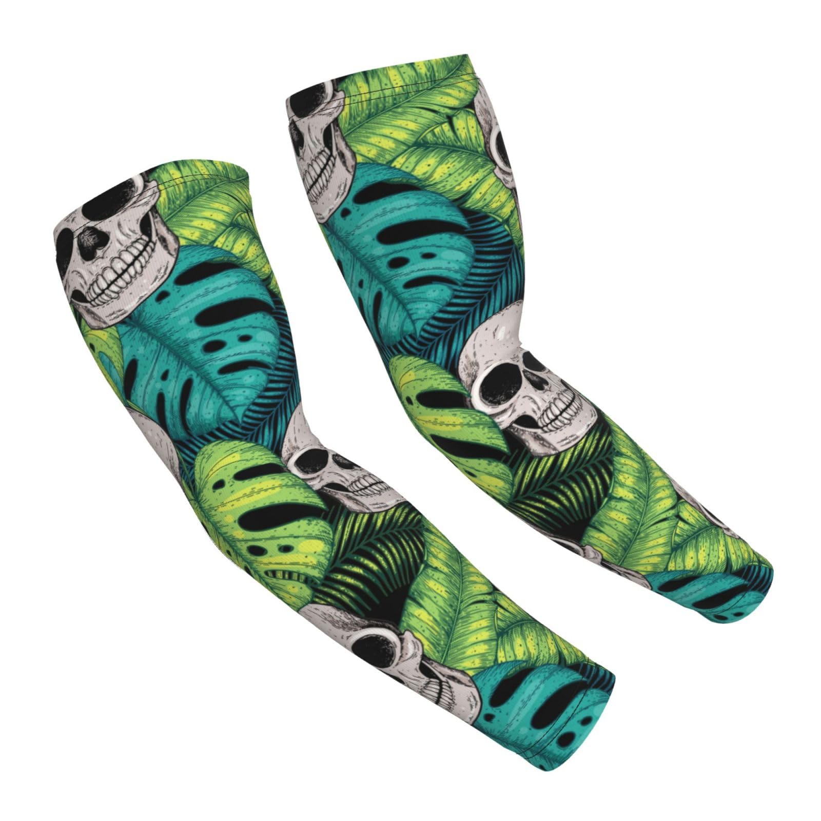 Salelf Skull and Palm Leaves Arm Sleeves Cooling UV Sun Protection Sports Compression Sleeves for Men Women Golf Basketball Arm Sleeves