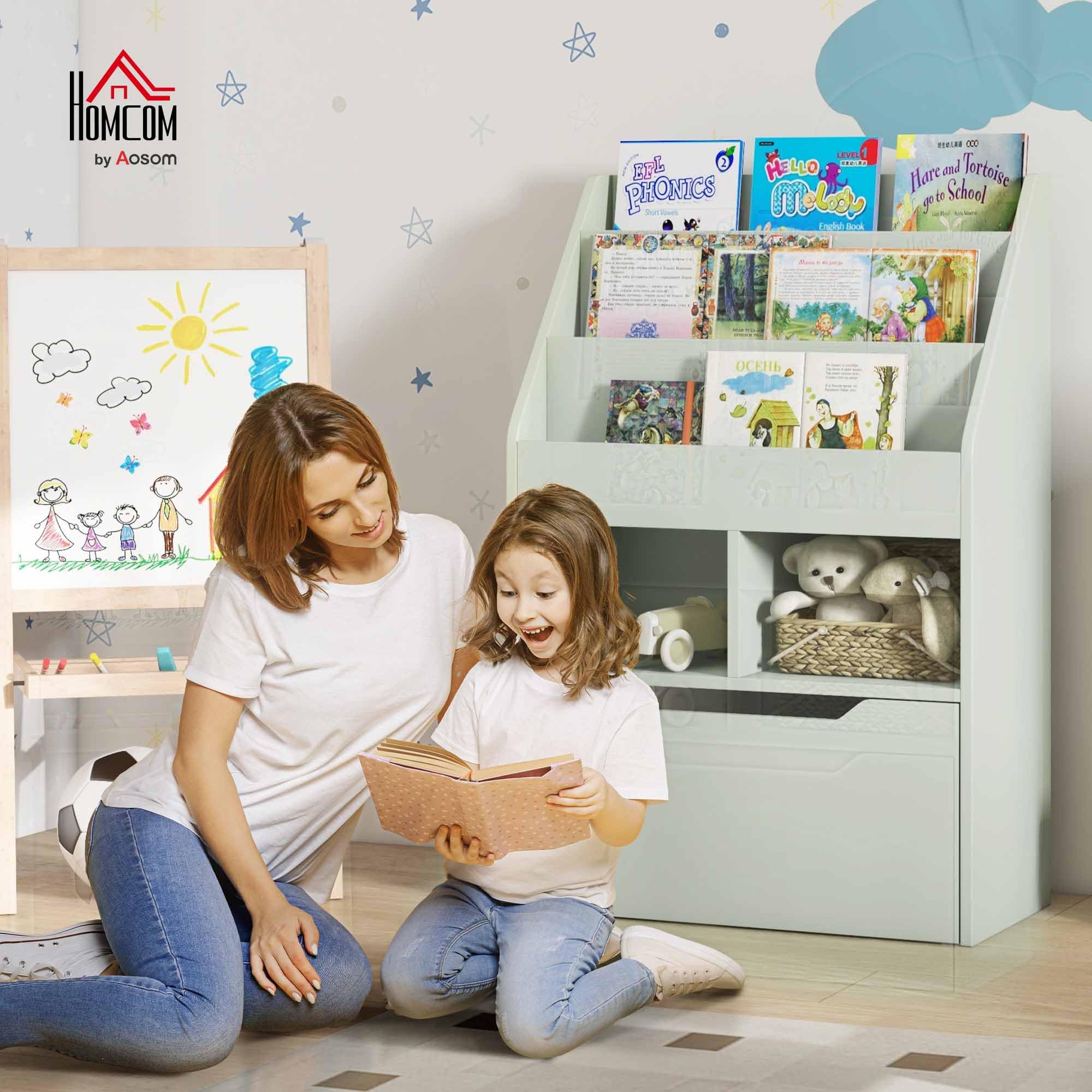 HOMCOM Estantería Infantil de Madera con 3 Compartimentos 2 Cubos y Cajón Móvil con 4 Ruedas Librería Infantil para Habitación de Niños Sala de Juegos 60x29,9x90 cm Verde