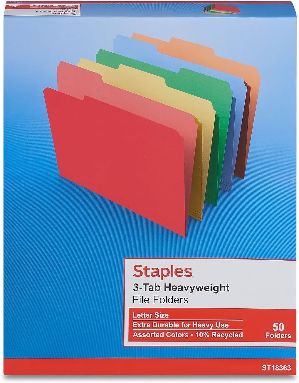 Staples Heavyweight File Folders, Letter Size, 1/3‑Cut Tabs, Assorted Colors, Durable Paper Stock, 100/Carton