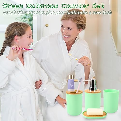Miniatura 2 de SLDIYWOW Juego de 9 accesorios de baño de color verde, juego de baño verde claro con bandeja, dispensador de jabón, soporte para cepillos de