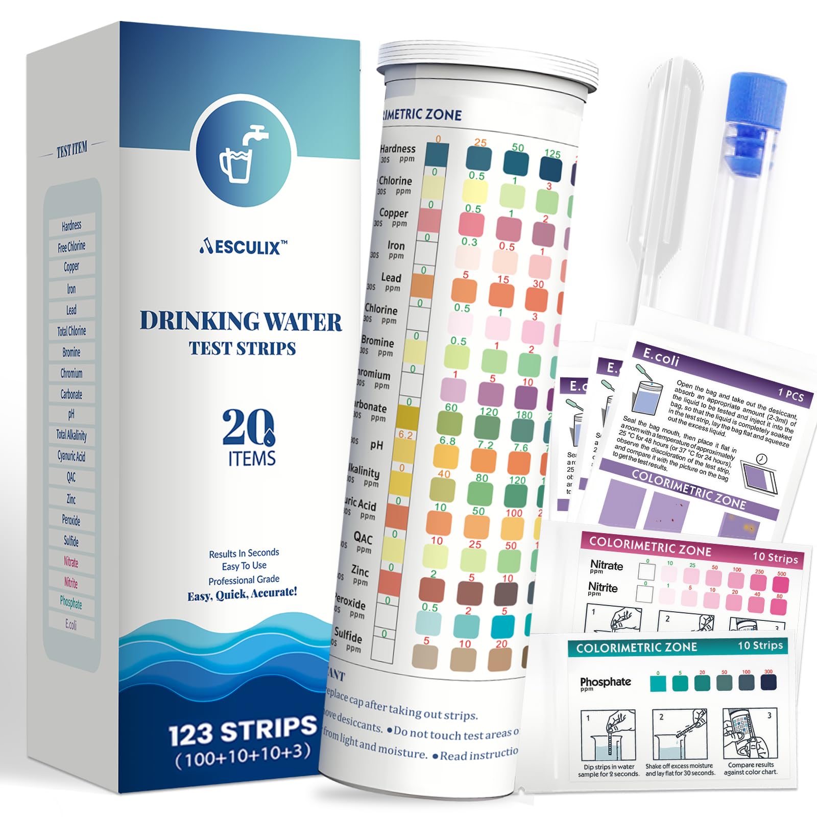 20 in 1 Water Tester for Drinking Water, Well Water Testing Kit, Suitable for Household Tap Water, Natural Water Quality Testing, Can Detect Water Hardness, Chlorine, Lead, Ph, Etc. (123 Test Strips)