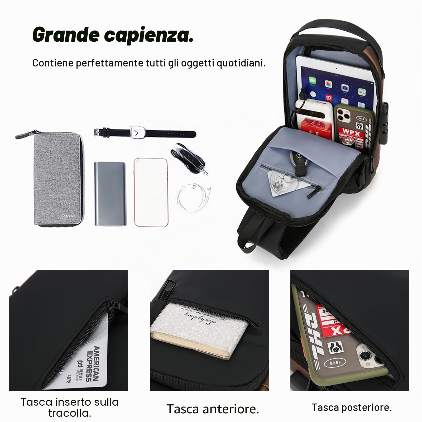 FANDARE Antifurto Zaino a Monospalla Uomo Borsello Tracolla con USB Borse a spalla da palestra Grande Capacità Zaini da escursione Borsa Monospalla per Viaggio Weekend Sling Chest Bag