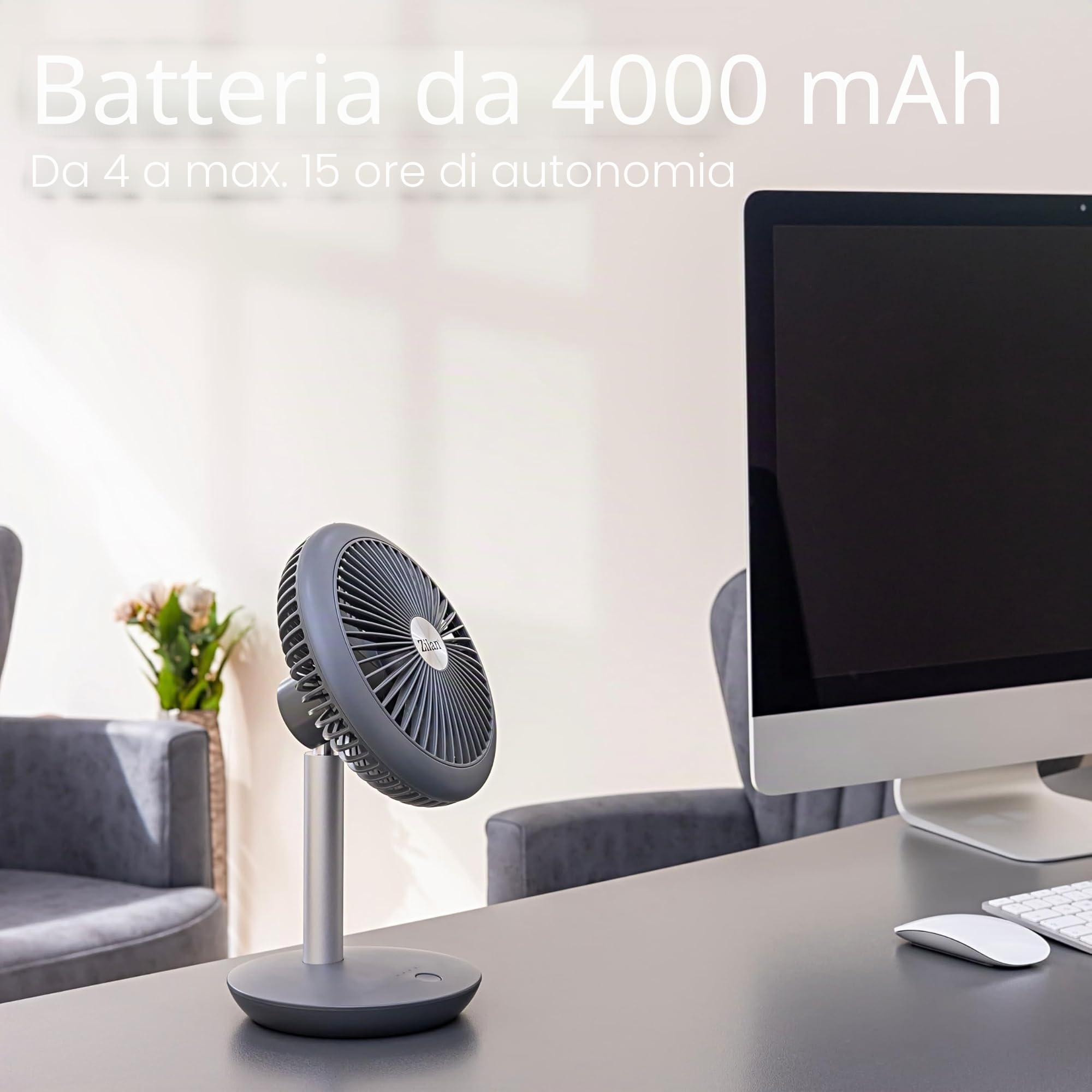 Zilan, Ventilatore da tavolo molto silenzioso, Batteria 4000 mAh | Ventilatore | inclinabile a 90° | Ventilatore da scrivania | Aeratore | Raffreddatore ad aria | 4 livelli, 15h senza fili