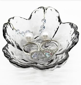 Glass Jewelry Dish Tray, Crystal Ring Holder Dish, Small Ring Dishes for Women Engagement Gift, Flower Trinket Bowl Jewerly Tray, Decorative Jewely Bowl, Jewlery Plate Crystal Smoky Grey