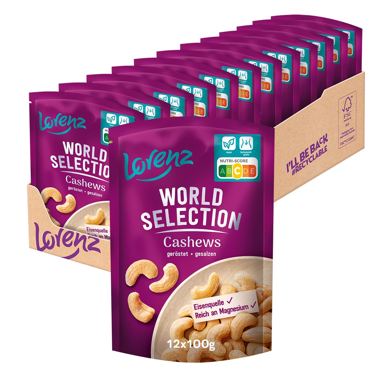 LORENZ | Cashews geröstet & gesalzen | 12 x 100 g | vegan
