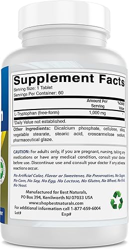 Miniatura 5 de Best Naturals L-triptófano 1000 mg 60 comprimidos (60 unidades (paquete de 1))