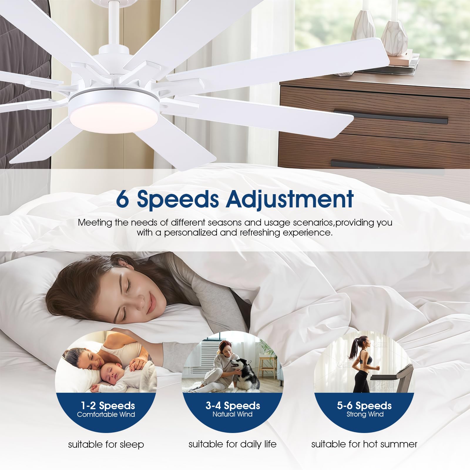 Kviflon Deckenventilator mit Beleuchtung Leise 132 cm, Deckenventilator mit Licht und Fernbedienung und App, Led Deckenventilatoren für Schlafzimmer Wohnzimmer, DC Motor, 8 Holz Flügel, Weiß