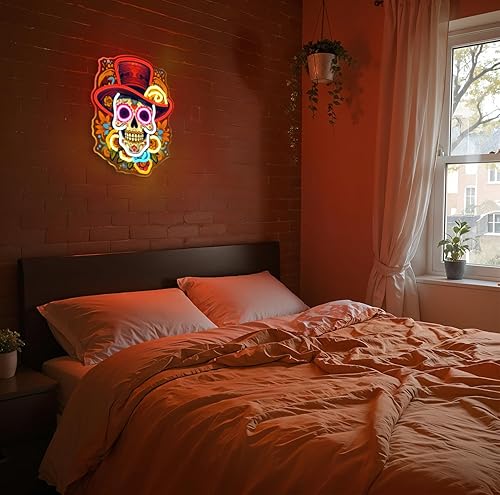 Miniatura 6 de Letrero de neón del Día de los Muertos, luz de neón LED de calavera de azúcar mexicana para decoración del hogar y bares, arte impreso UV con tira