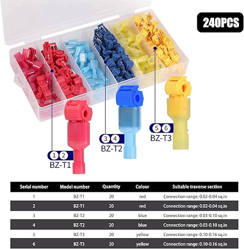 Miniatura 2 de gunhunt Juego de 240 abrazaderas tipo T sin pelar, juego de abrazaderas de rama de línea principal enchufables, caja de terminales rápidos de