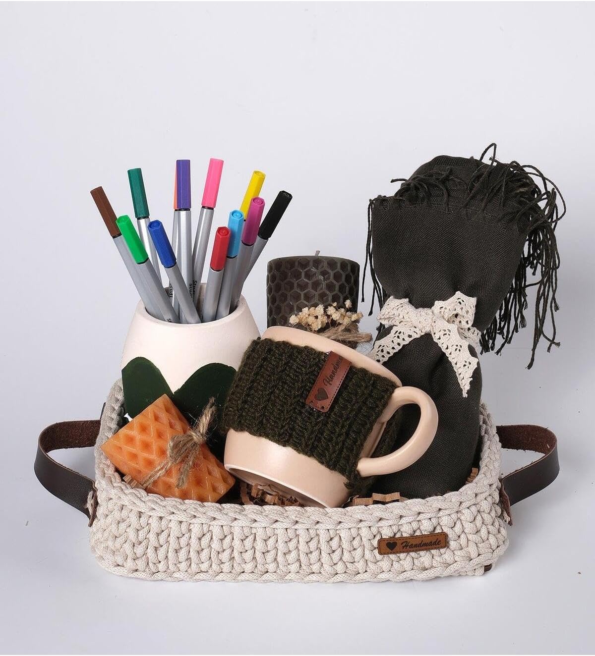 Handmade Knitted Basket Green Gift Set Decorative Potted Plant for Home Decor Nursery Playroom - Green, One Size