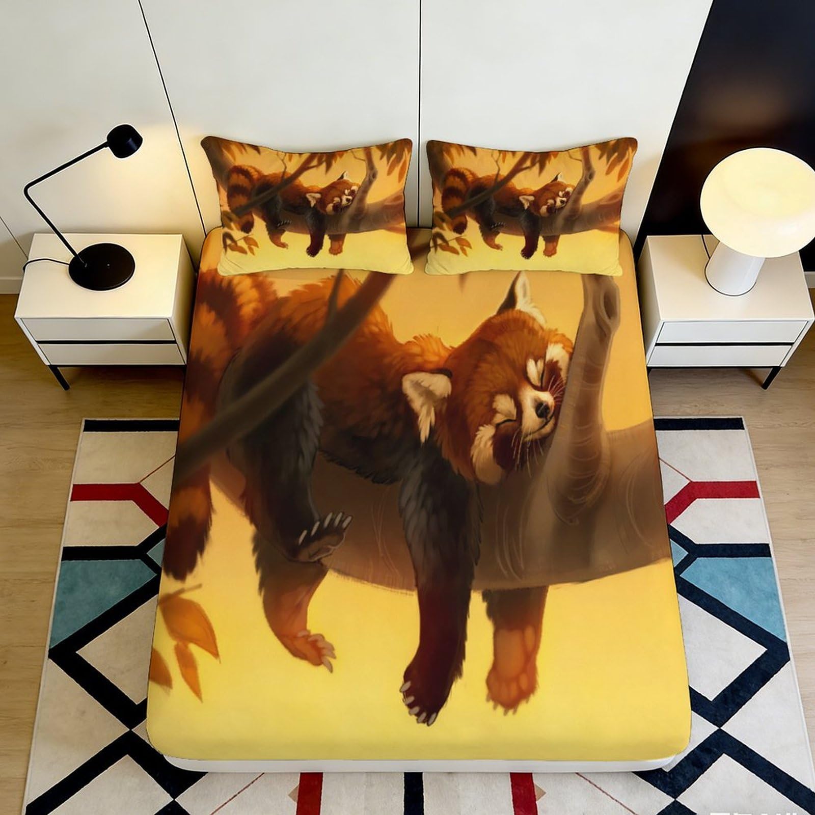 3D Printed Red Panda Fitted Sheet Microfiber Soft Breathable Forest Branch Mattress Cover for Bedroom Decor 90x200x25cm