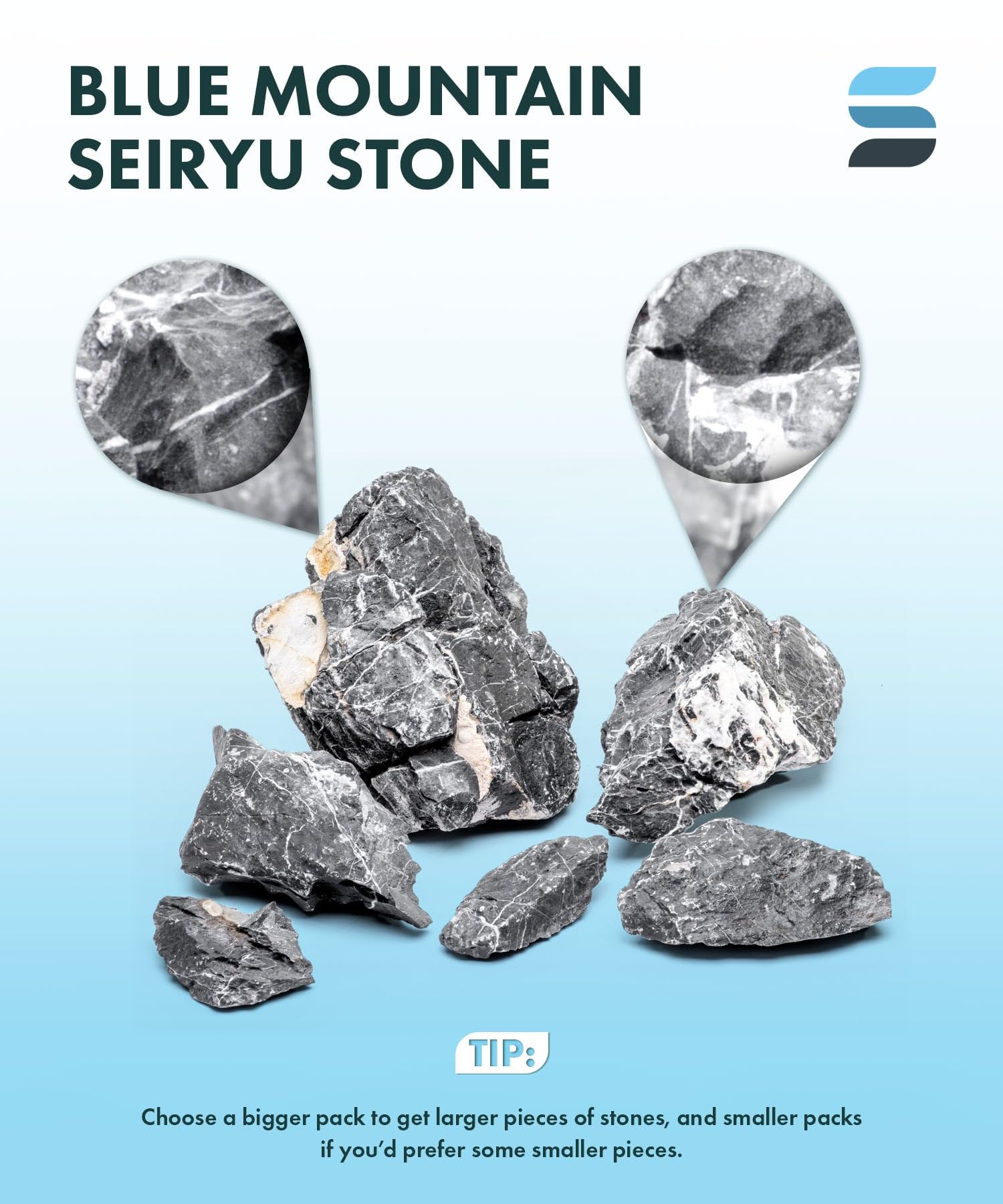 Piedra Seiryu azul natural para acuarios, peceras, terrarios, recintos de reptiles, mezcla de rocas grandes y pequeñas, por SubstateSource (20 libras)