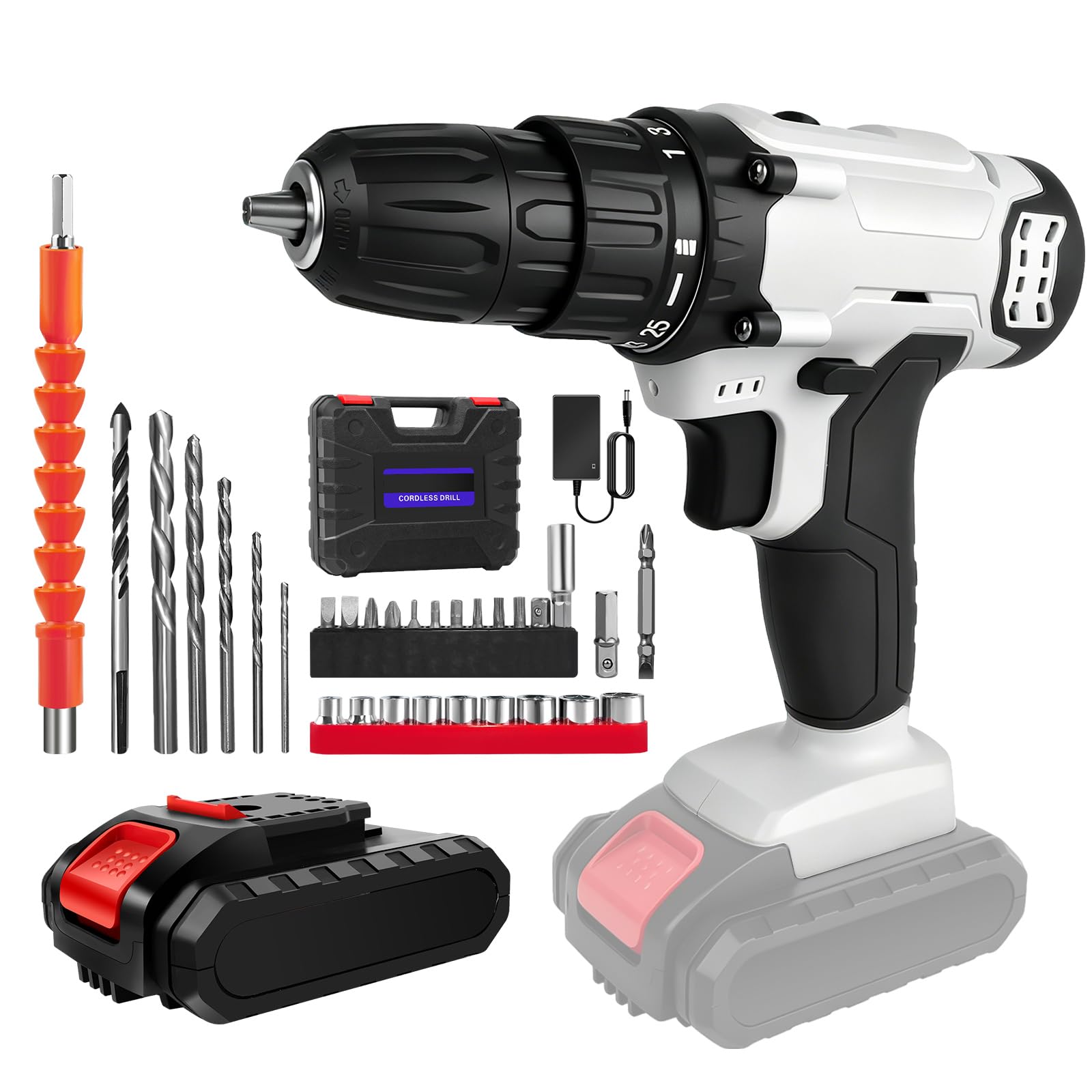 Cordless Drill Driver 21V, Handheld Screwdriver Combi Drill Set with Battery and Charger, 3/8'' Keyless Chuck, 45Nm, 25+1 Torque, 29pcs Accessories & LED Light for Home and Garden DIY, White