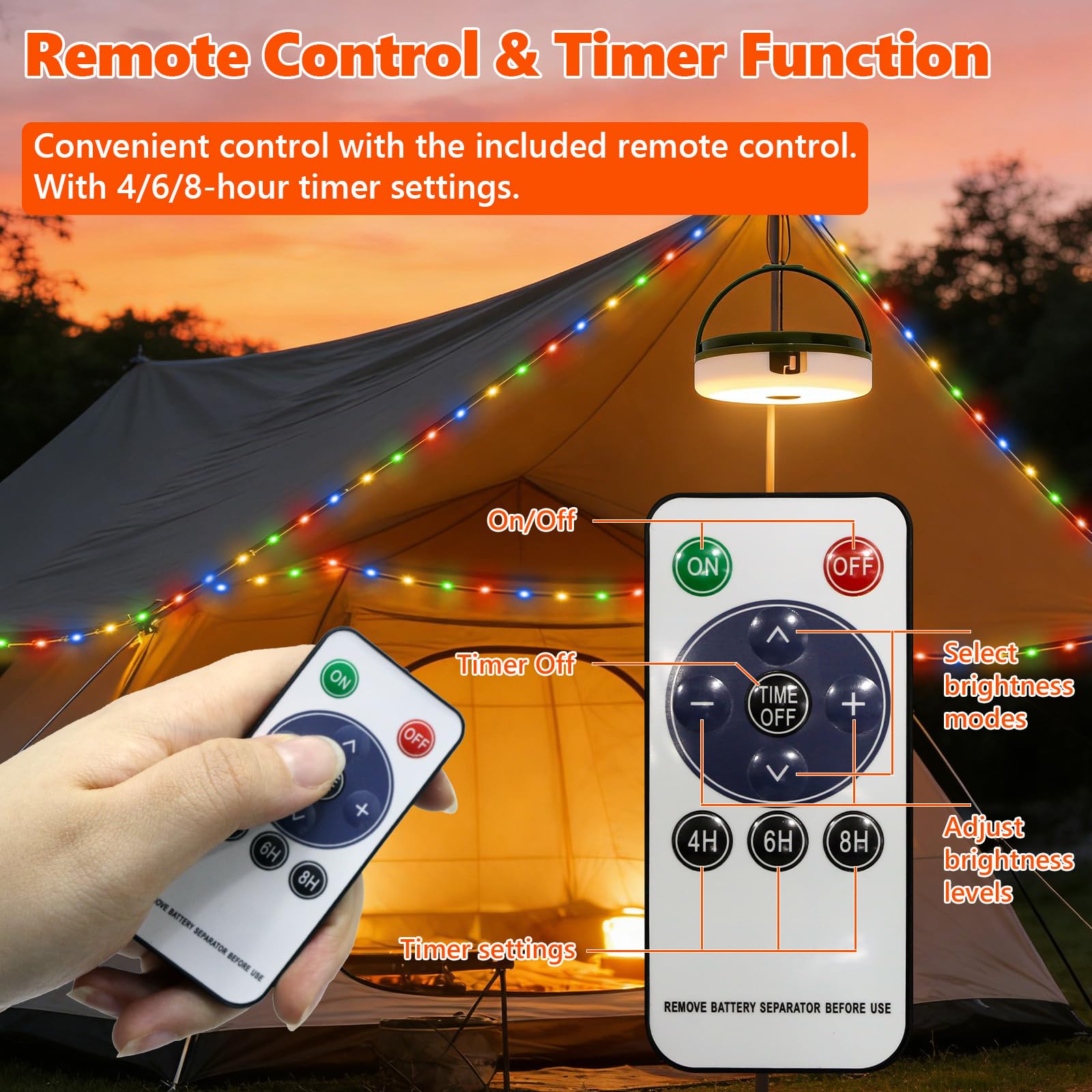 Cadena de luces de camping enrollable solar, 10 m, 3600 mAh, lámpara de camping con mando a distancia, USB, recargable, cadena de luces LED con 5 modos de iluminación, luz exterior para camping