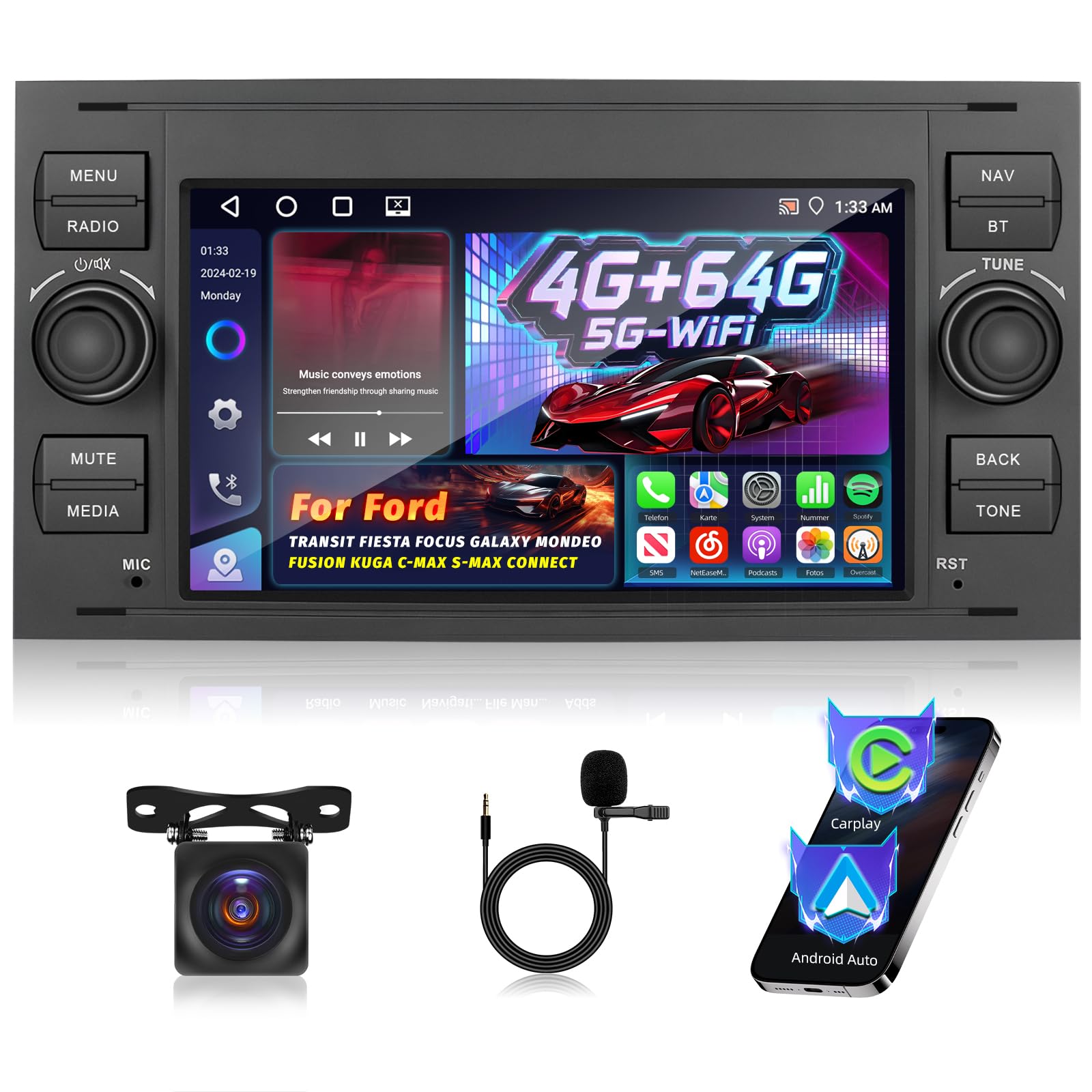 Android-Autoradio für Ford Transit Fiesta Focus Galaxy Mondeo Fusion Kuga C-Max S-Max Wireless Carplay & Android Auto, [4+64G] Autoradio mit GPS, WLAN, 32EQ, Bluetooth 5.0, FM/RDS-Radio