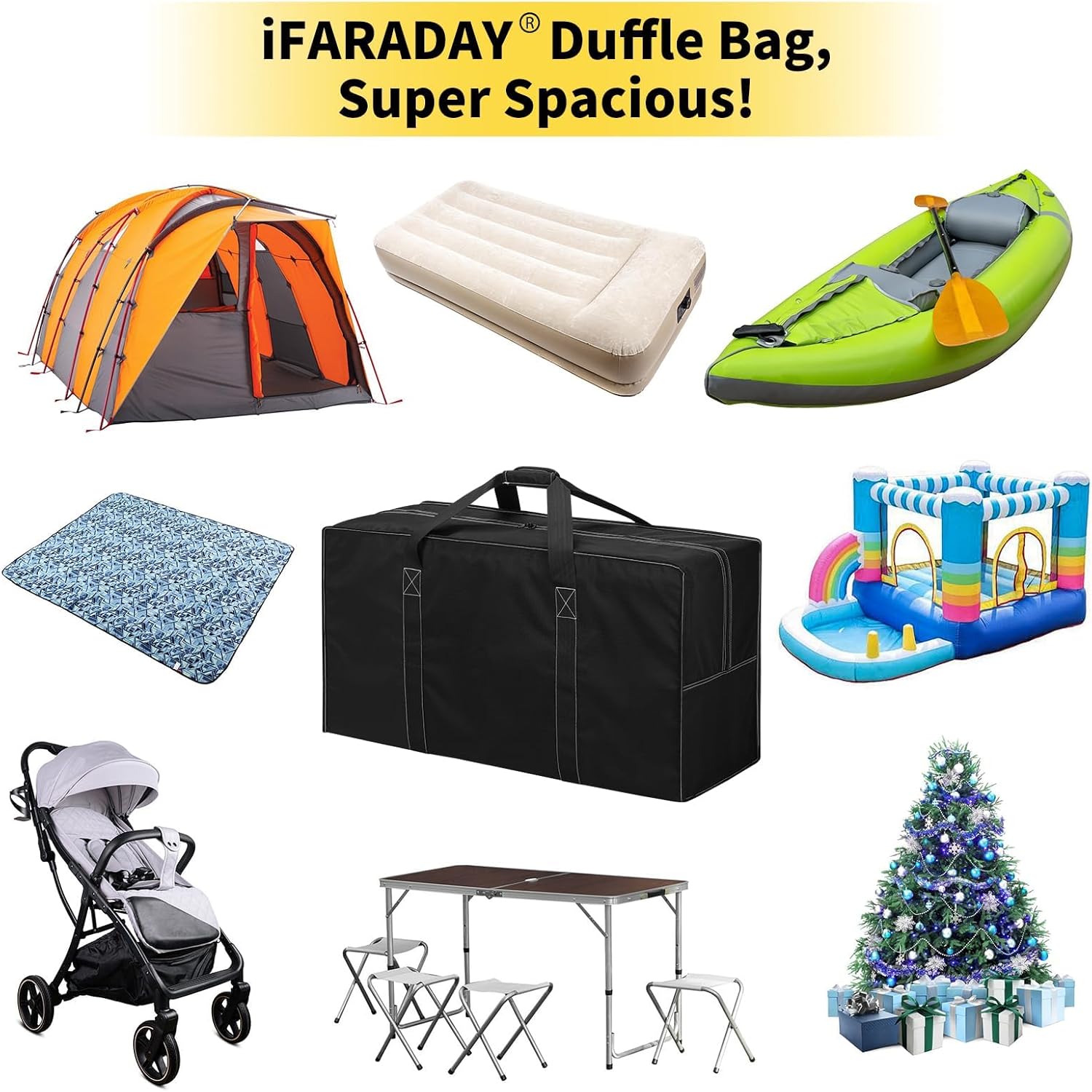 130L Extra Large Travel Duffle Bag - Heavy Duty Water Resistant Luggage for Camping, Sports & Moving - 35 inch Foldable Gear Bag (Black) - Image 2