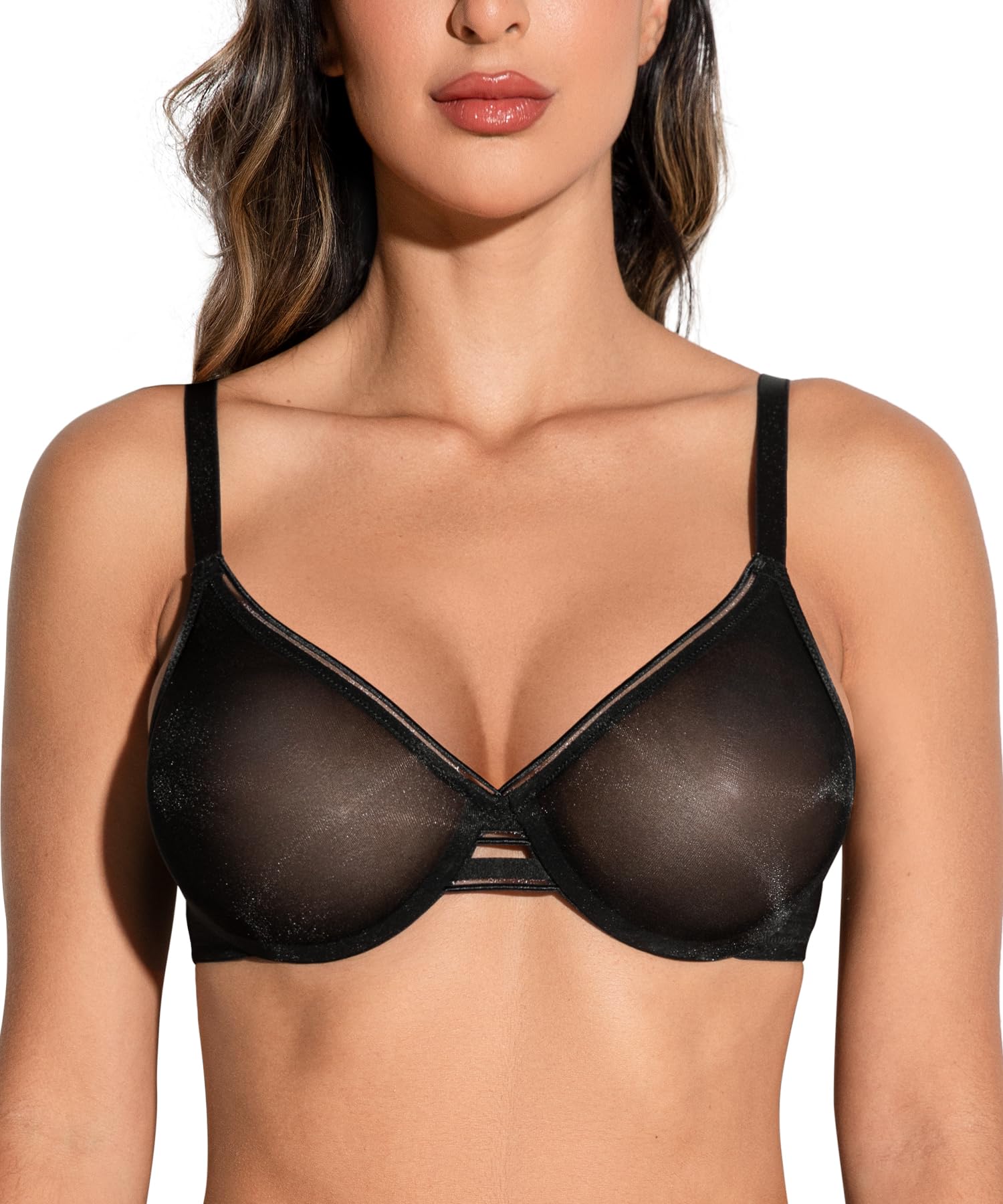 Deyllo Women's Sheer Mesh Lace Unlined Underwire Bra Sexy See-Through Demi Bralette