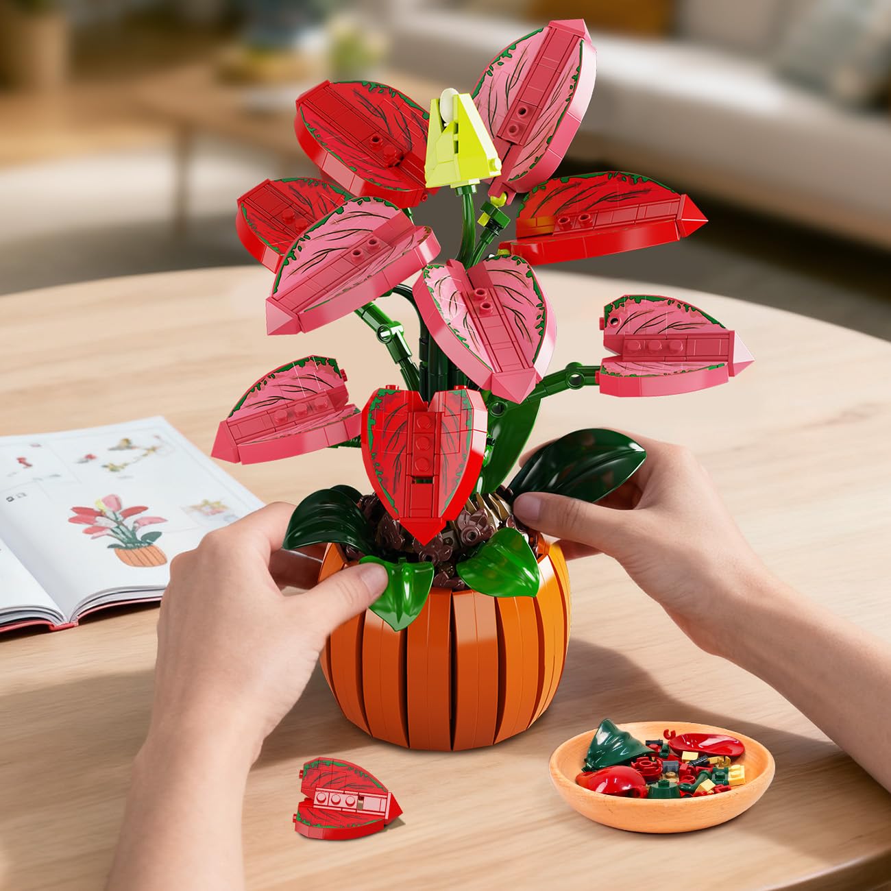 HiWEEGO Flowers Botanicals Bonsai Building Set - Bonsaï Artificiel Aglaonema pour la décoration intérieure, 782 pièces de Fleurs artificielles à Assembler, Cadeau d'anniversaire pour Adultes