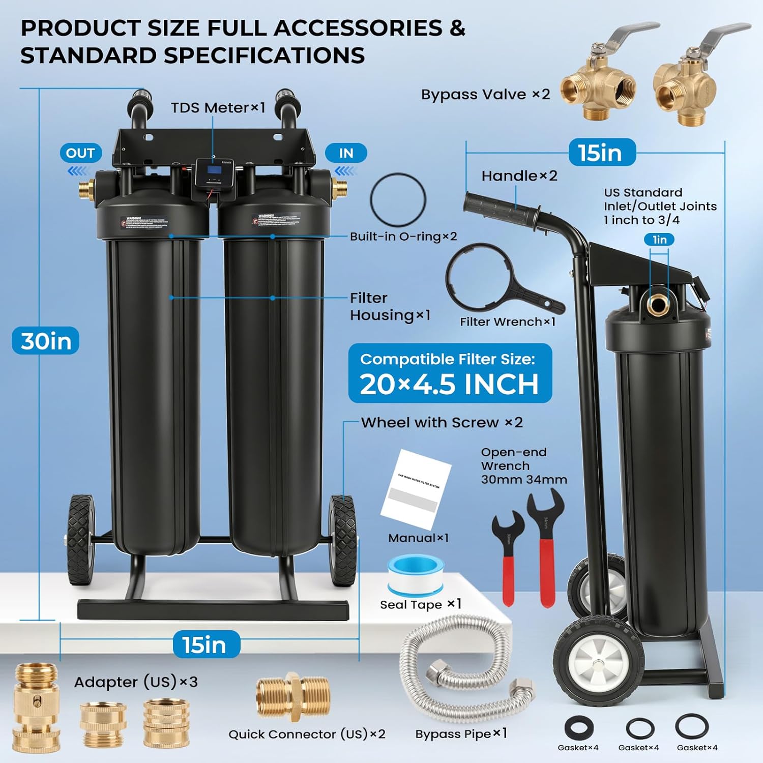 Spotless Water System Deionized Water System for Car Wash, Spot Free Car Wash System with Bypass Valve and Resin Filter, Portable Water Deionizer for Car Detailing, RV, Boats, Windows, No Towel Drying