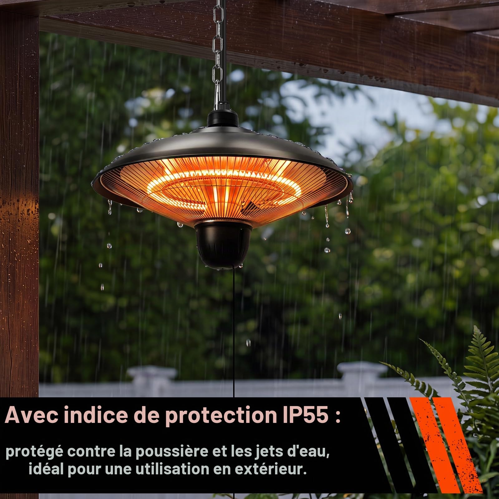 Fiqops Chauffage radiant, Chauffage extérieur pour jardin 2000W, chaîne, télécommande, chauffage infrarouge pour terrasse, balcon ou restaurant, chauffage radiant extérieur IP24 étanche.