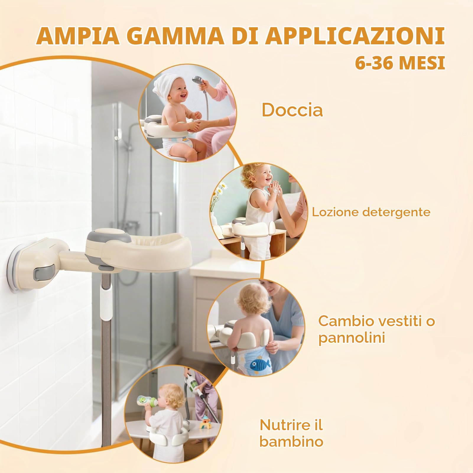 Supporto Doccia Neonati | Altezza Reg. 26-35cm | Antiscivolo Maniglia Sicurezza | Pieghevole Senza BPA | 6-36 Mesi