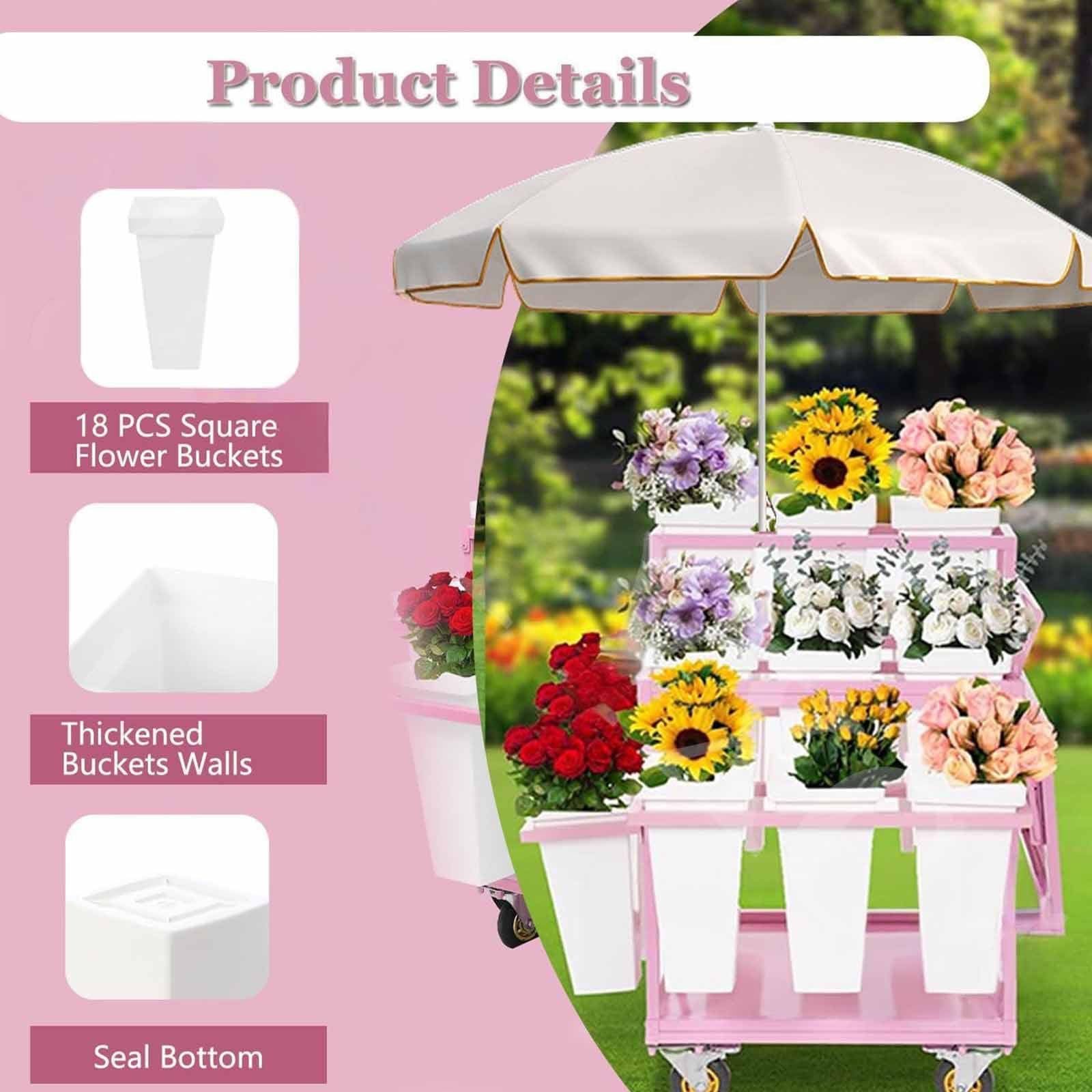 Este Soporte metálico para exhibición de Flores al Aire Libre con Soporte para Flores con 18 Cubos, Soporte para exhibición de Flores con Ruedas, Carrito de Flores para floristería, Patio y